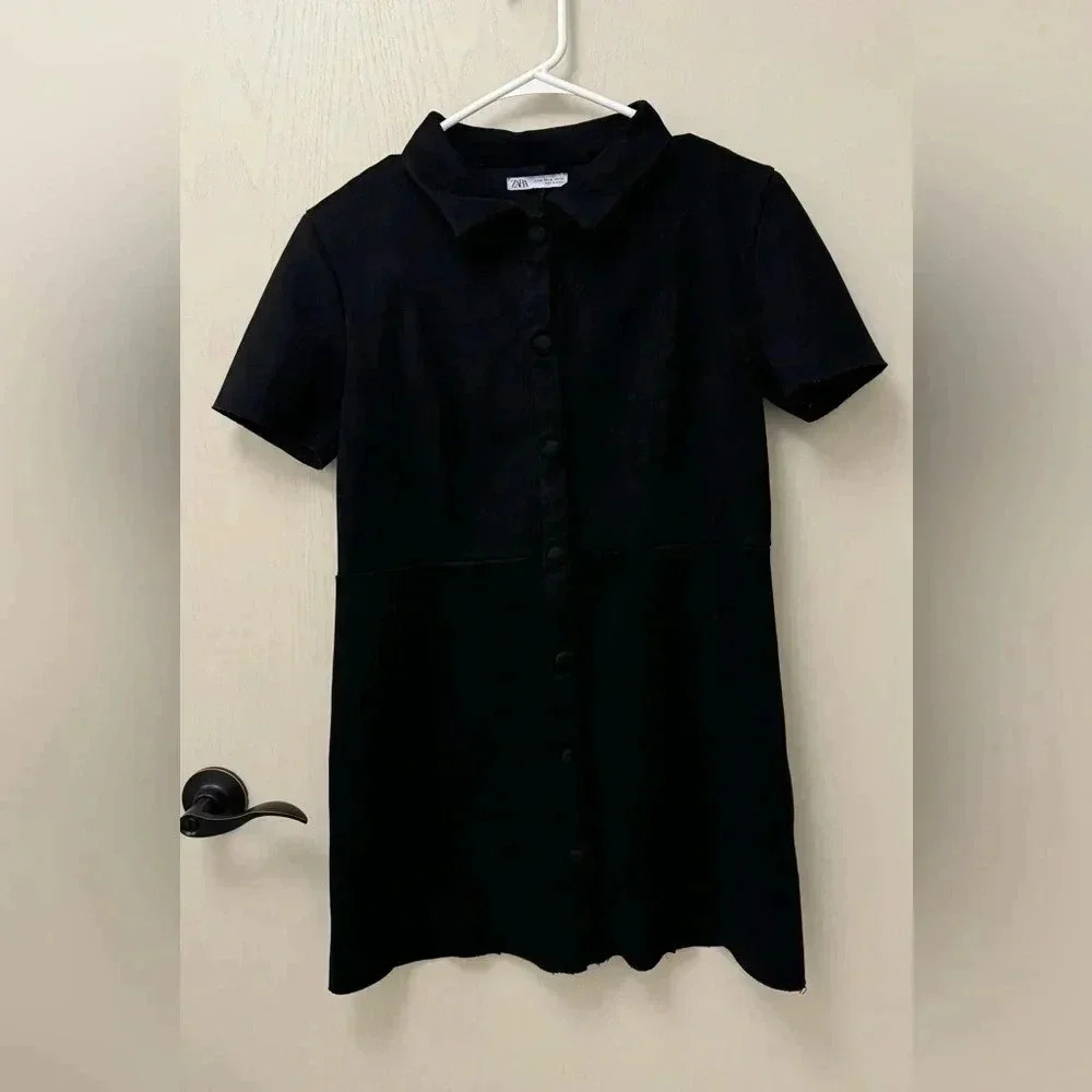 Zara Black Faux Suede Collared Mini Dress Snap Down EUC Size M Chic‎ Classic